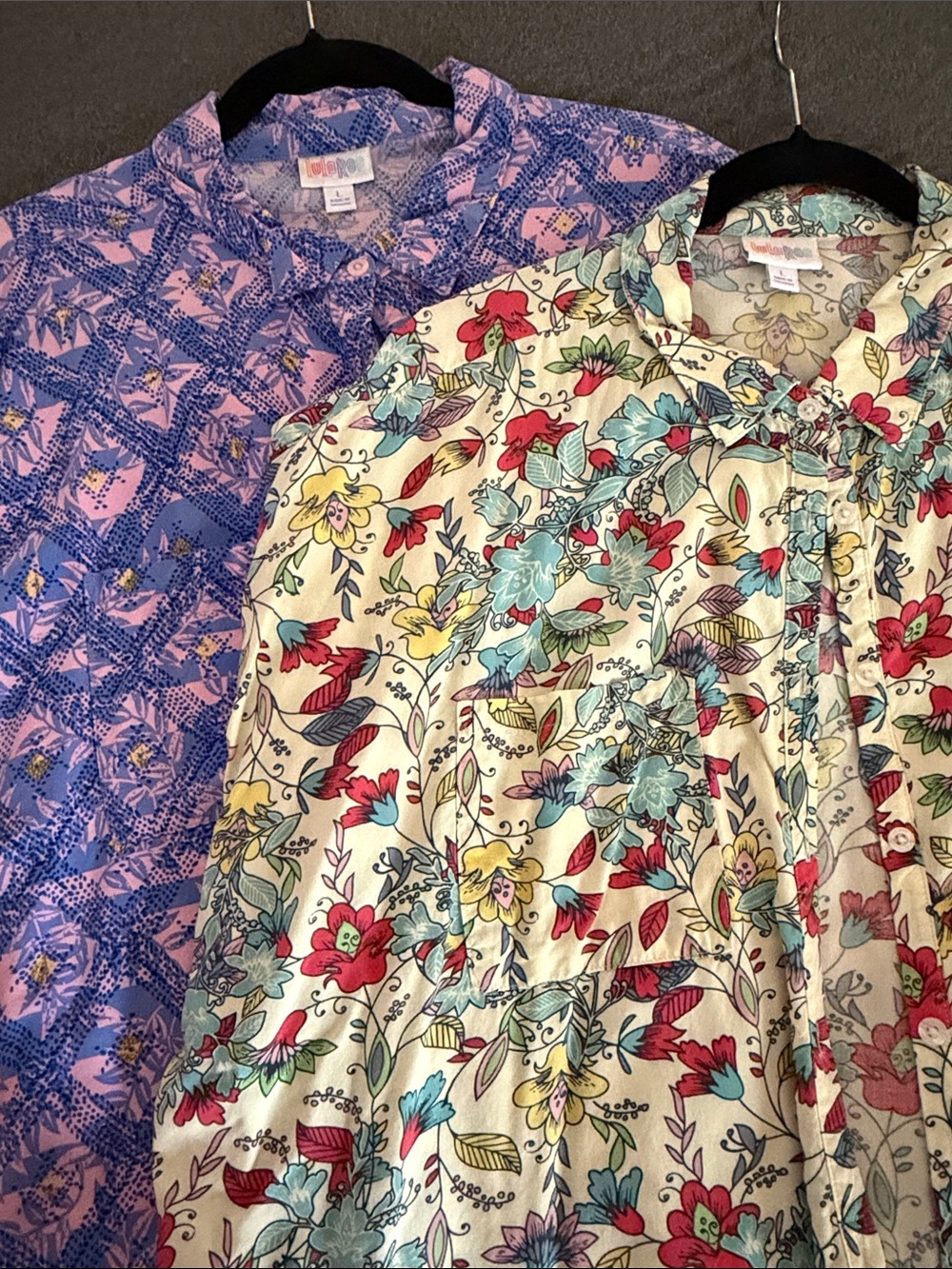 Two LuLaRoe Floral Button-Up Shirt in Blue, Pink & Yellow